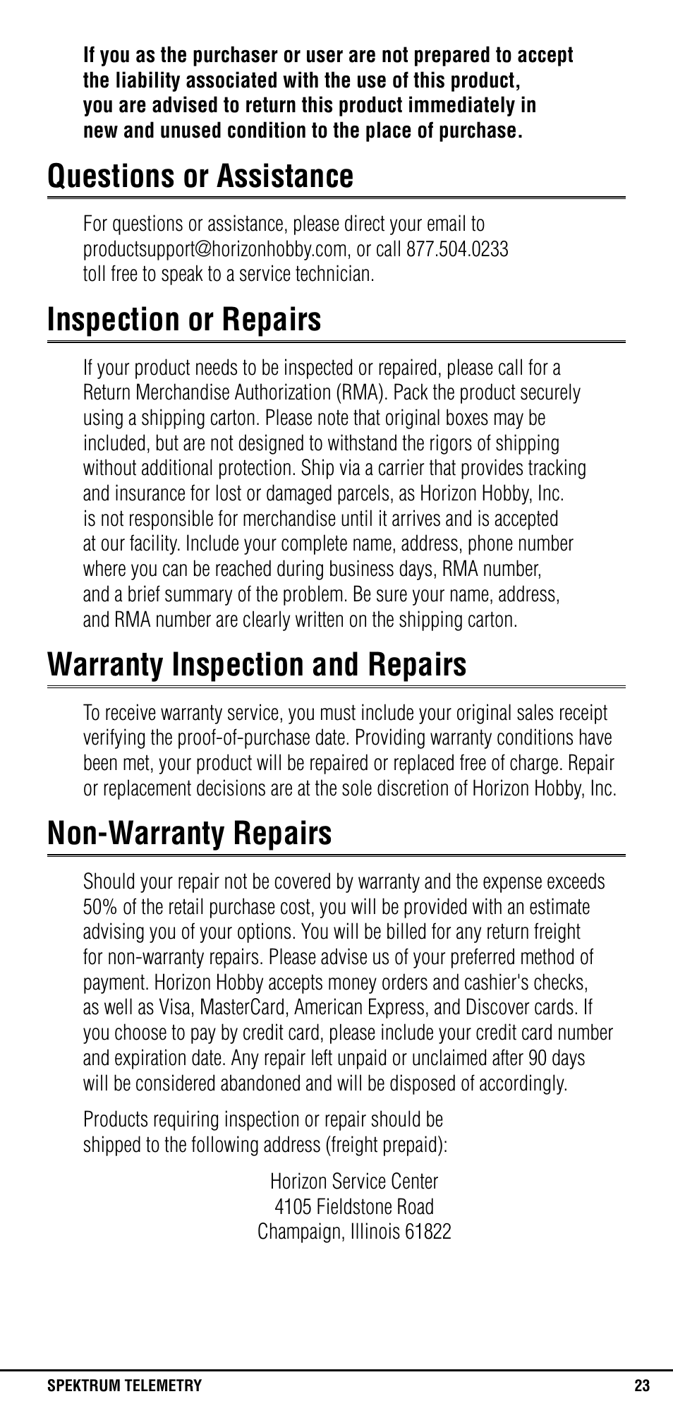 Questions or assistance, Inspection or repairs, Warranty inspection and repairs | Non-warranty repairs | Spektrum SPM1300 User Manual | Page 23 / 24