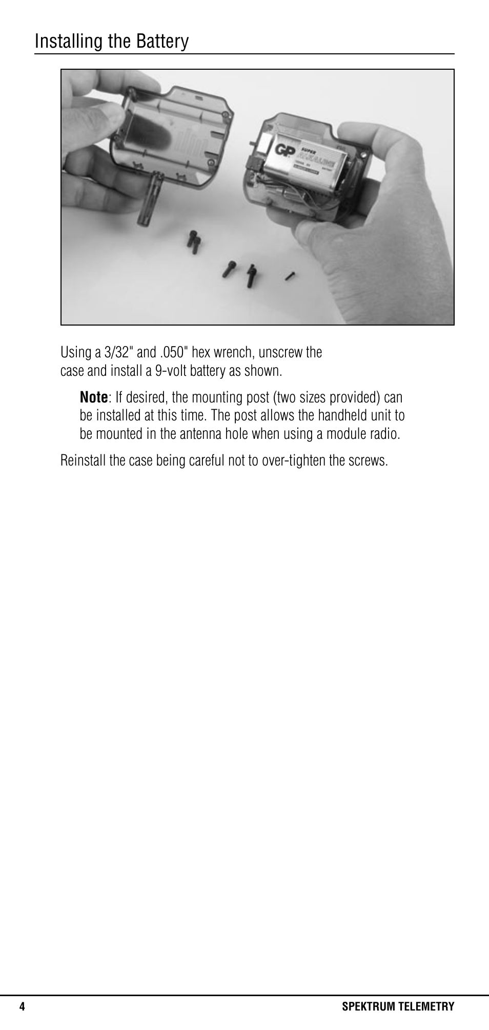 Installing the battery | Spektrum SPM1300 User Manual | Page 4 / 24