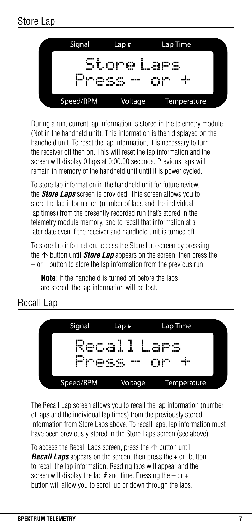 Store lap, Recall lap | Spektrum SPM1300 User Manual | Page 7 / 24