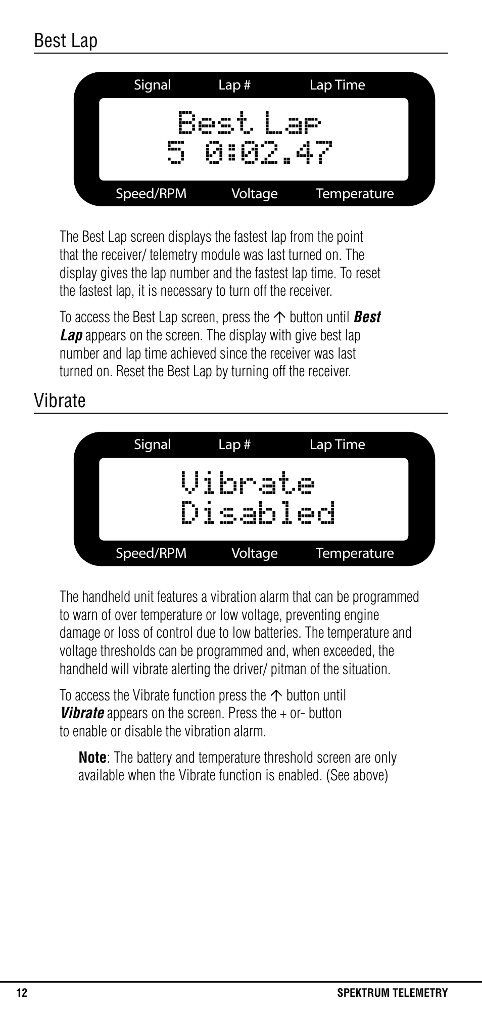 Best lap, Vibrate | Spektrum SPM1305 User Manual | Page 12 / 24