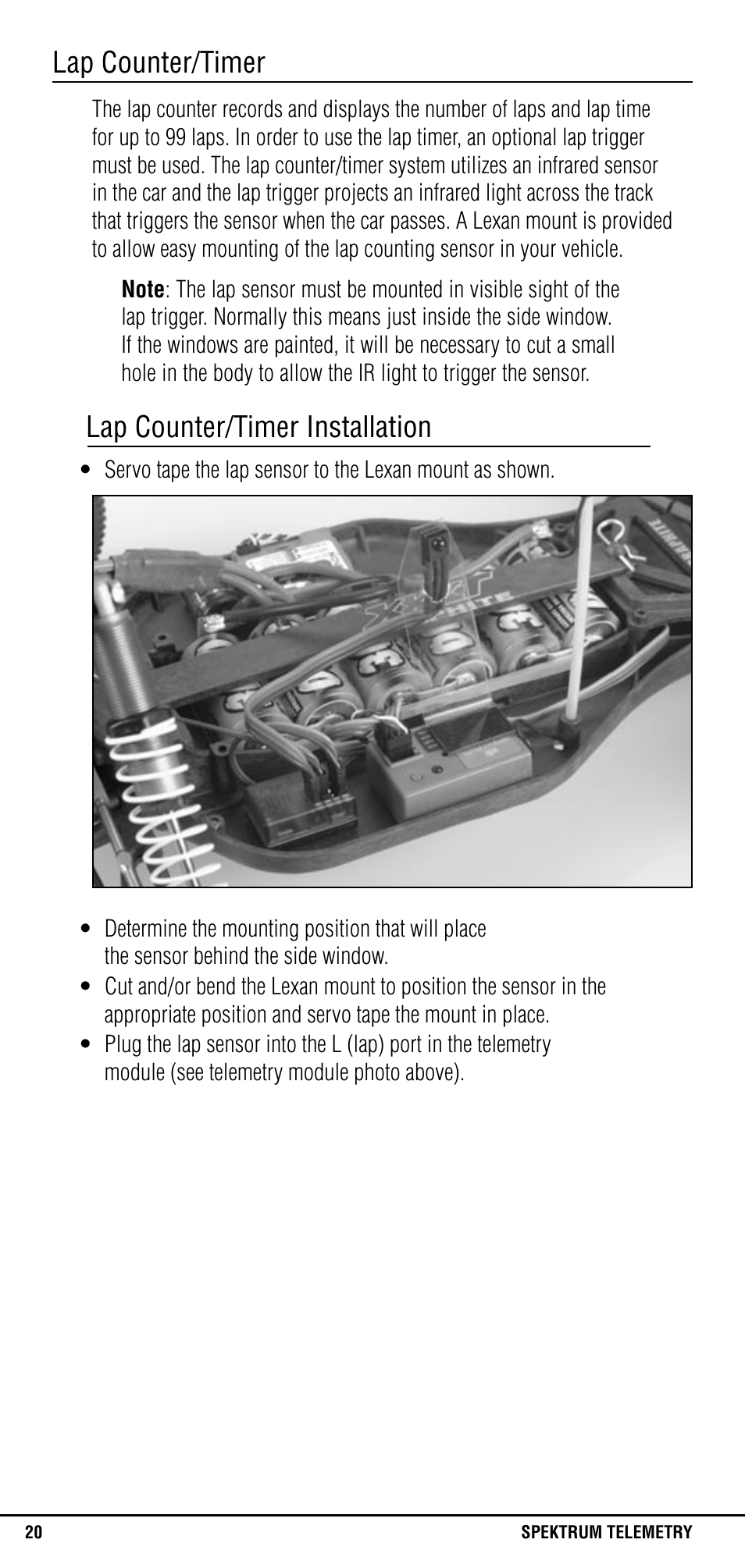 Lap counter/timer, Lap counter/timer installation | Spektrum SPM1305 User Manual | Page 20 / 24