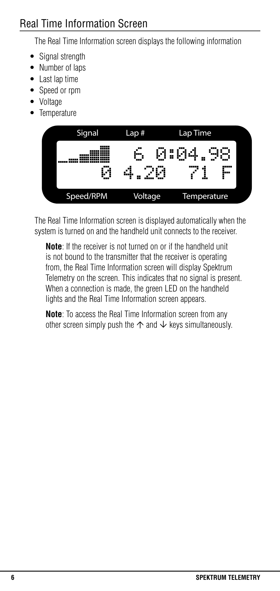 Real time information screen | Spektrum SPM1305 User Manual | Page 6 / 24