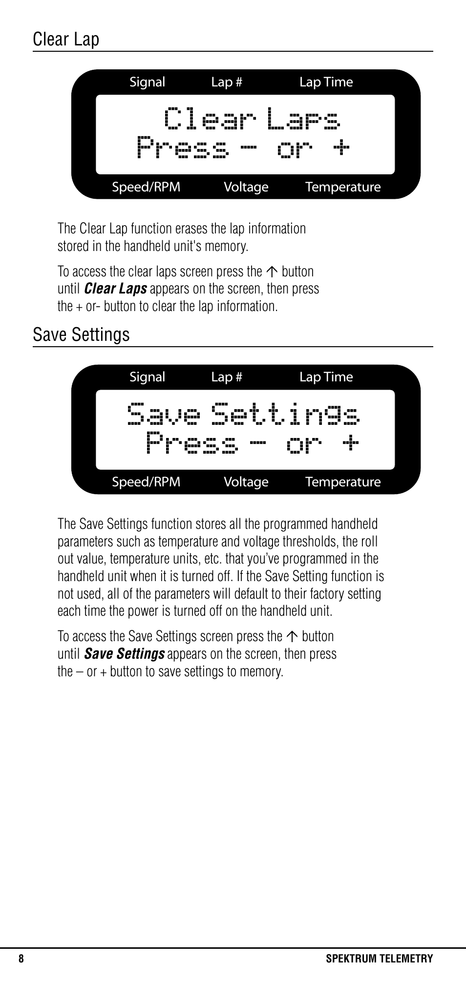 Clear lap, Save settings | Spektrum SPM1305 User Manual | Page 8 / 24