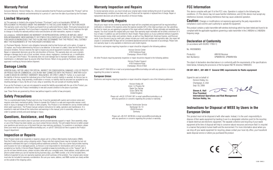 Warranty inspection and repairs, Non-warranty repairs, Warranty period | Limited warranty, Damage limits, Safety precautions, Questions, assistance, and repairs, Inspection or repairs, Fcc information, Caution | Spektrum SPMAR6100E User Manual | Page 3 / 3