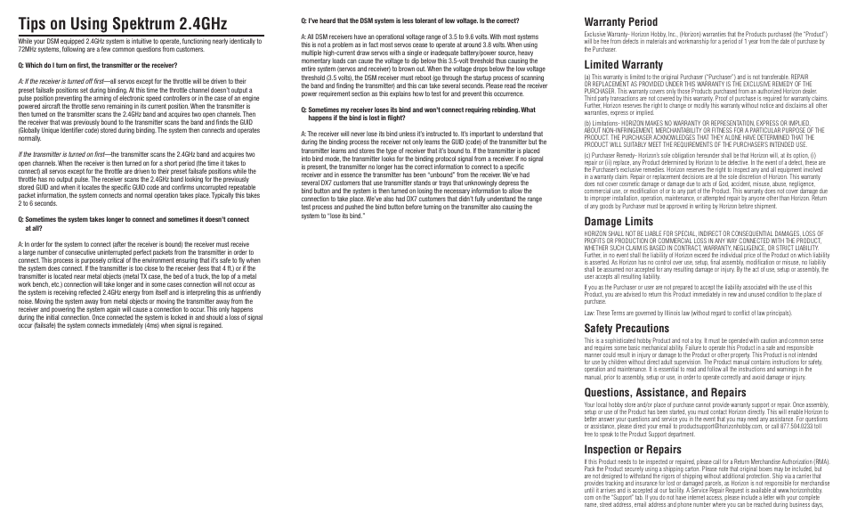 Tips on using spektrum 2.4ghz, Warranty period, Limited warranty | Damage limits, Safety precautions, Questions, assistance, and repairs, Inspection or repairs | Spektrum SPM6070 User Manual | Page 3 / 4