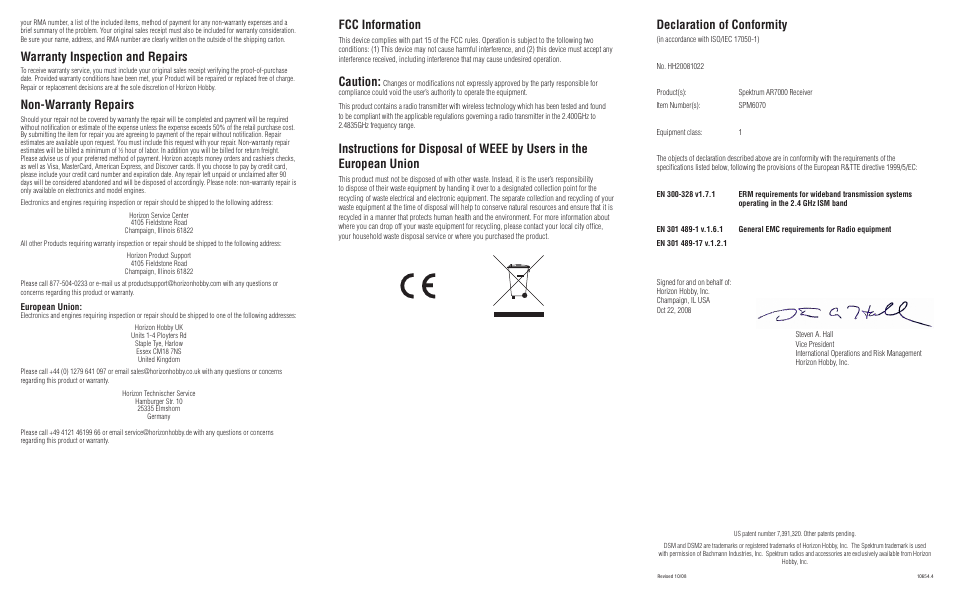 Fcc information, Caution, Declaration of conformity | Warranty inspection and repairs, Non-warranty repairs | Spektrum SPM6070 User Manual | Page 4 / 4
