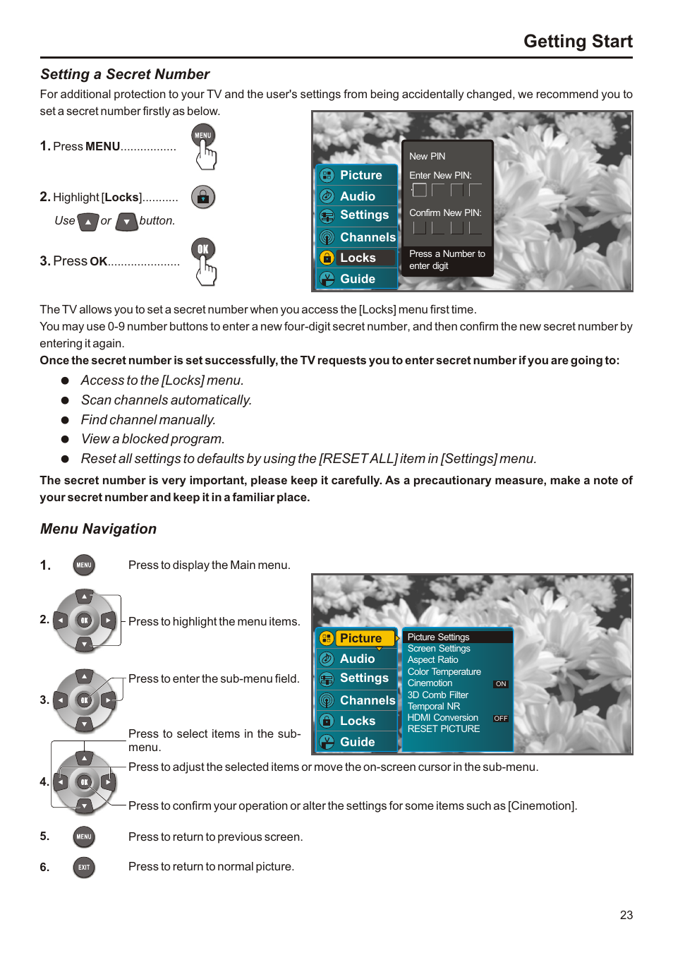 Getting start, Setting a secret number, Menu navigation | Audiovox FPE3207 User Manual | Page 24 / 55