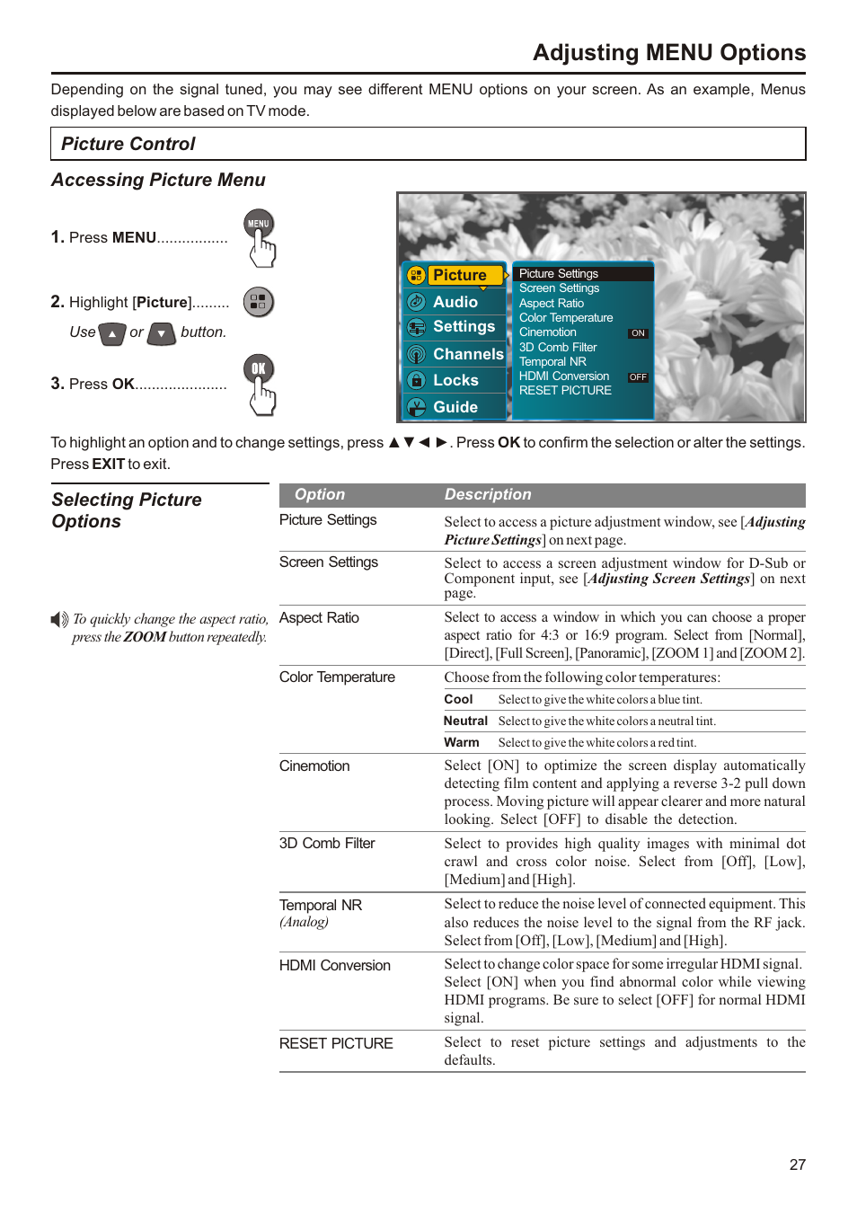 Adjusting menu options, Picture control, Accessing picture menu | Selecting picture options | Audiovox FPE3207 User Manual | Page 28 / 55