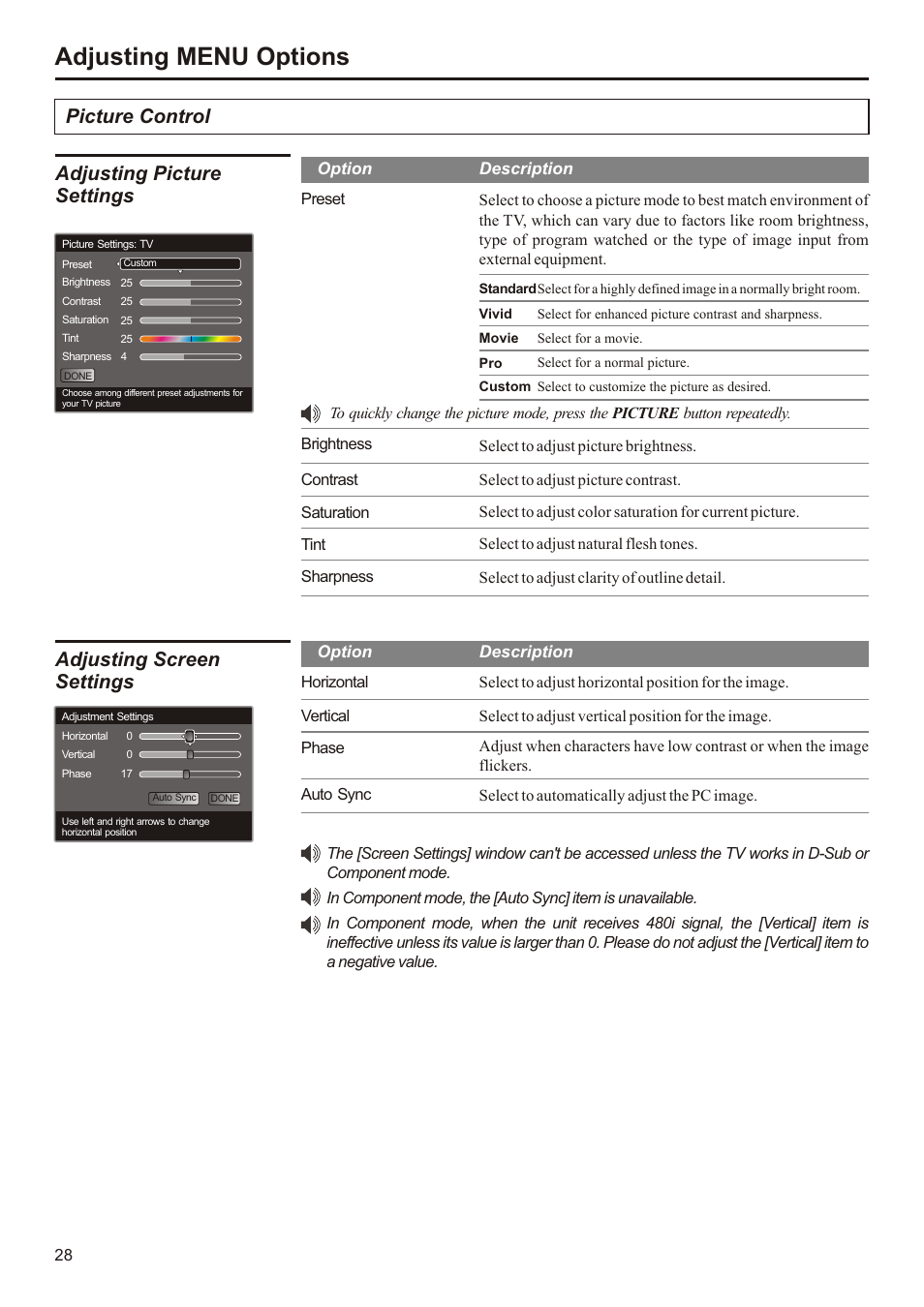 Adjusting menu options, Picture control, Adjusting picture settings | Adjusting screen settings | Audiovox FPE3207 User Manual | Page 29 / 55