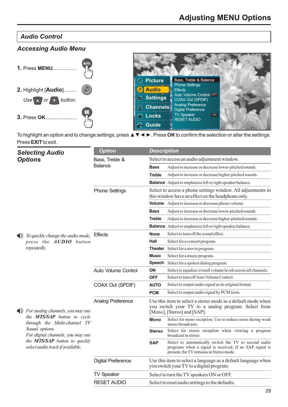 页面 30, Adjusting menu options, Audio control accessing audio menu | Selecting audio options, Audio | Audiovox FPE3207 User Manual | Page 30 / 55