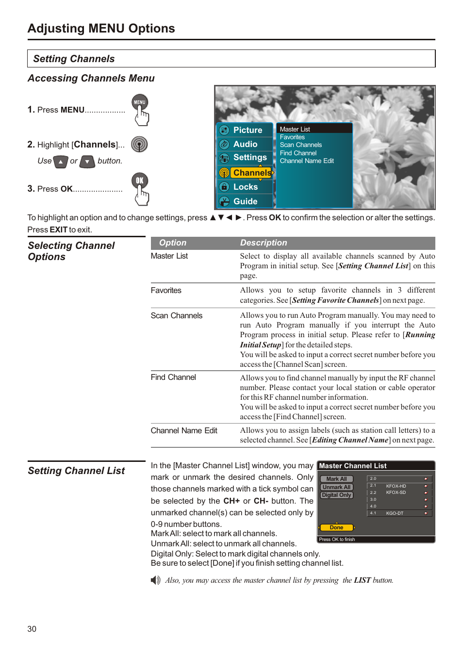 页面 31, Adjusting menu options, Setting channels accessing channels menu | Selecting channel options, Setting channel list, Channels | Audiovox FPE3207 User Manual | Page 31 / 55