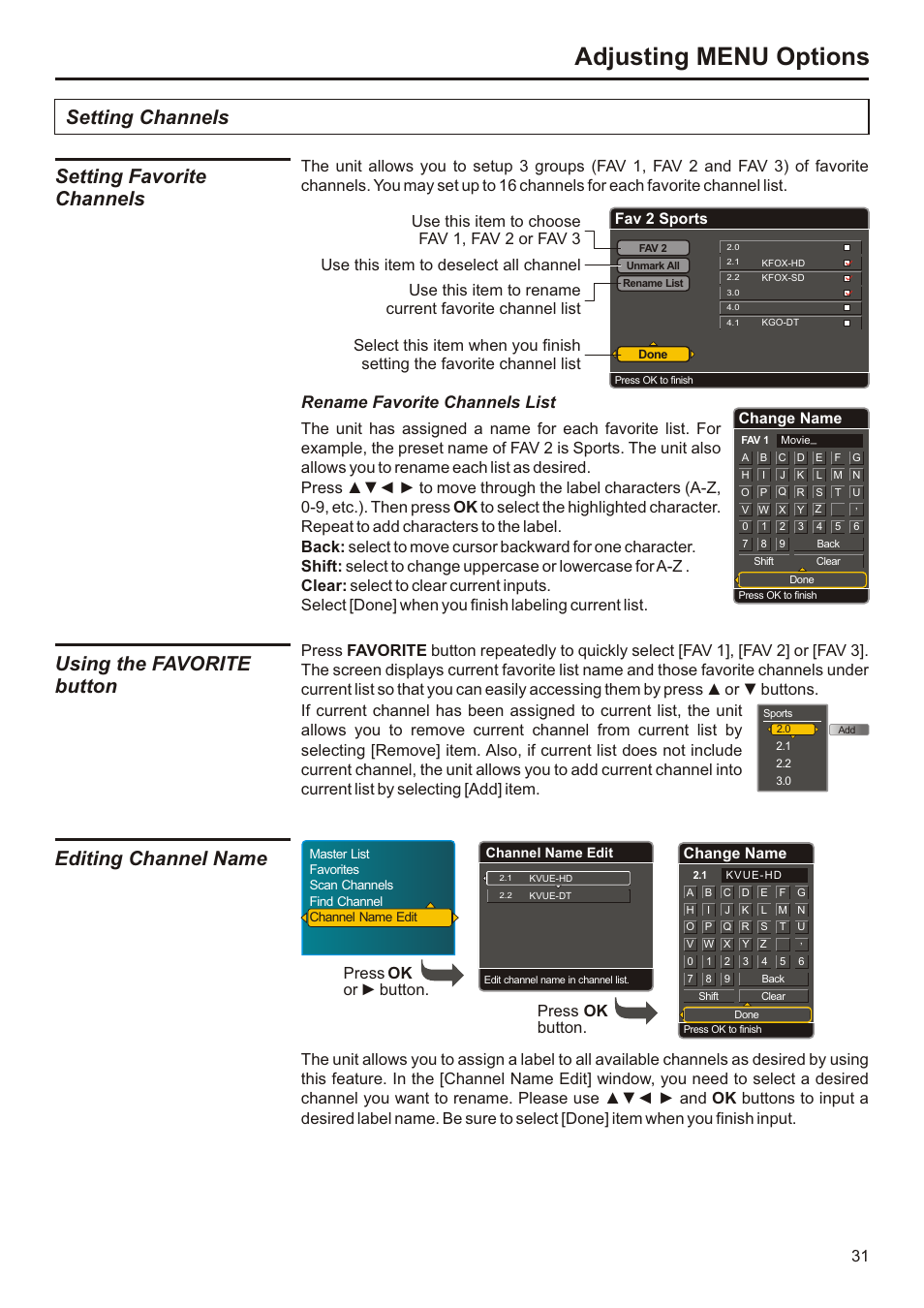 页面 32, Adjusting menu options, Setting favorite channels | Setting channels, Using the favorite button, Editing channel name, Rename favorite channels list, Fav 2 sports, Change name | Audiovox FPE3207 User Manual | Page 32 / 55