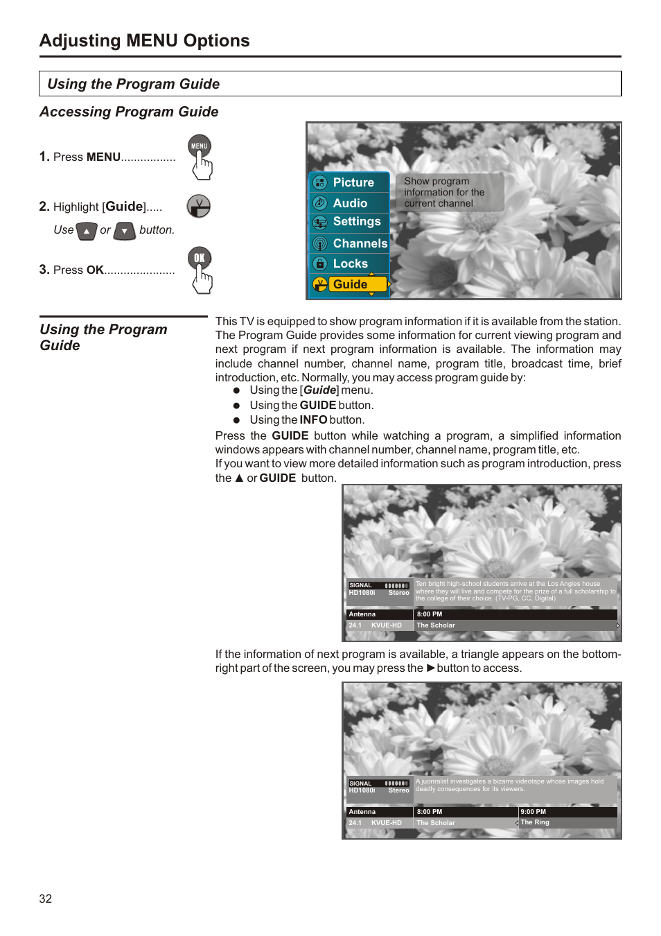 页面 33, Adjusting menu options, Using the program guide accessing program guide | Using the program guide, Guide | Audiovox FPE3207 User Manual | Page 33 / 55