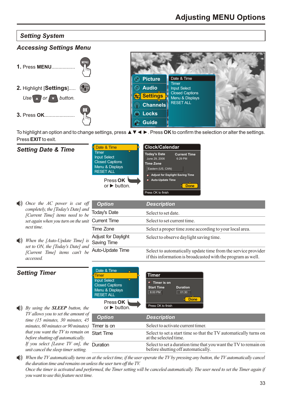 Adjusting menu options, Setting system accessing settings menu, Setting date & time | Setting timer, Settings | Audiovox FPE3207 User Manual | Page 34 / 55