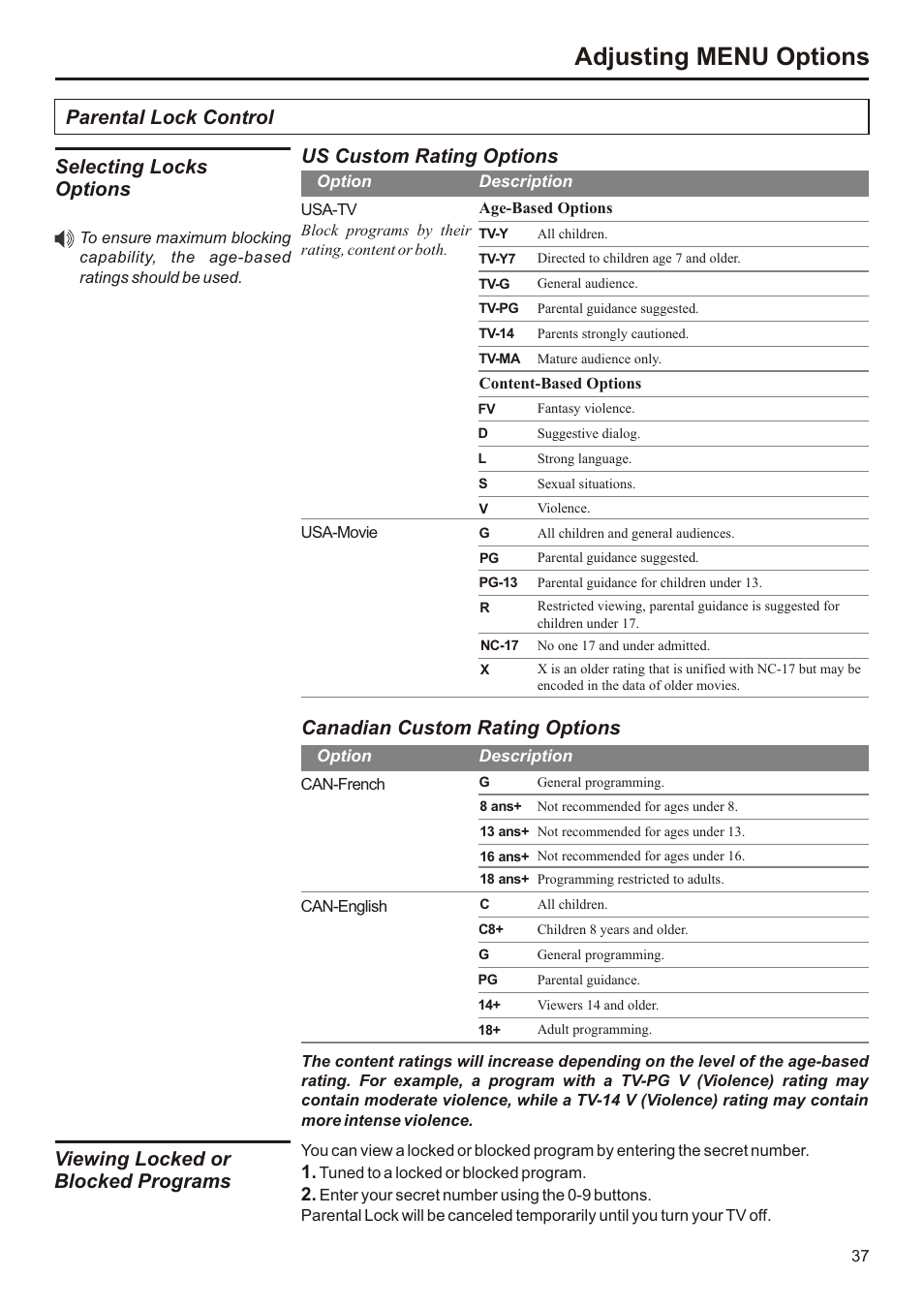 页面 38, Adjusting menu options, Selecting locks options | Parental lock control us custom rating options, Canadian custom rating options, Viewing locked or blocked programs | Audiovox FPE3207 User Manual | Page 38 / 55