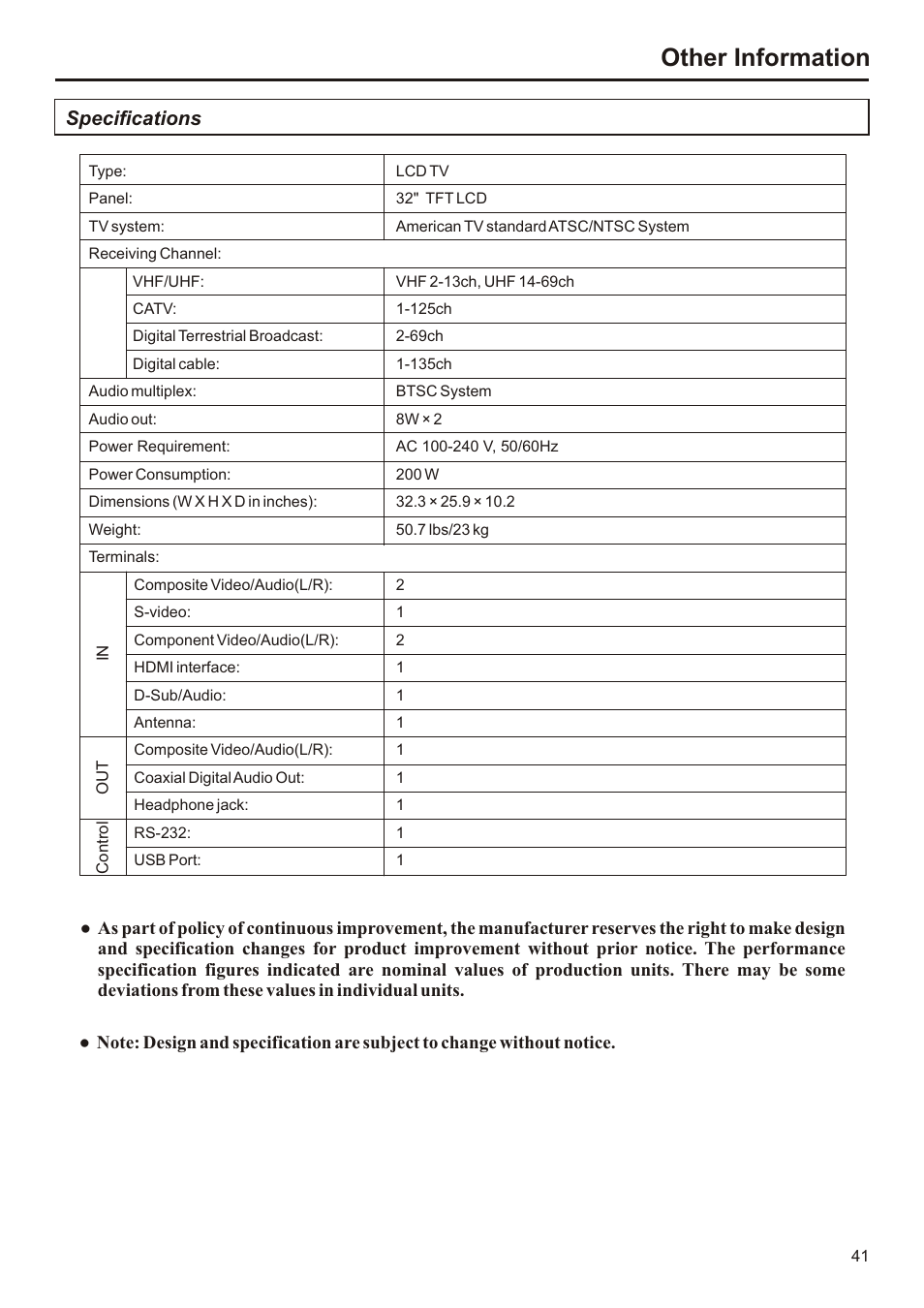 Other information, Specifications | Audiovox FPE3207 User Manual | Page 42 / 55