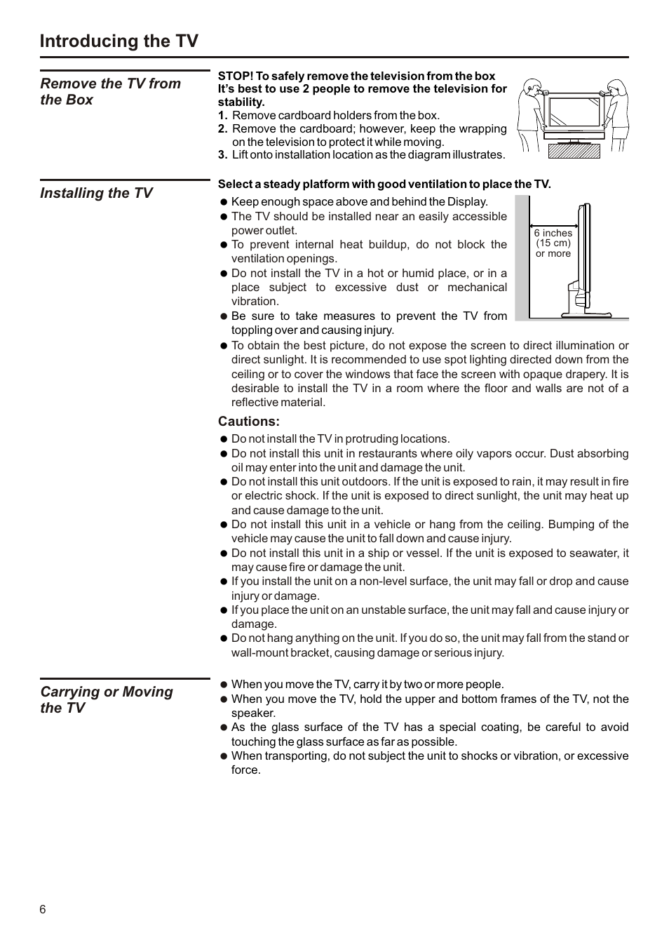 页面 7, Introducing the tv, Remove the tv from the box | Installing the tv, Carrying or moving the tv | Audiovox FPE3207 User Manual | Page 7 / 55