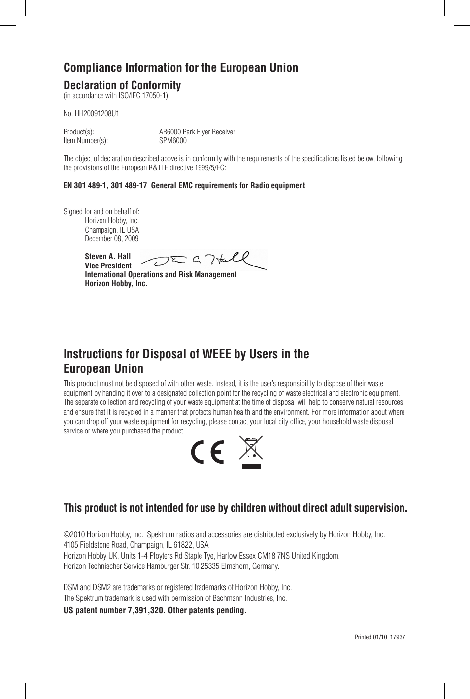 Compliance information for the european union, Declaration of conformity | Spektrum SPM6000 User Manual | Page 2 / 2