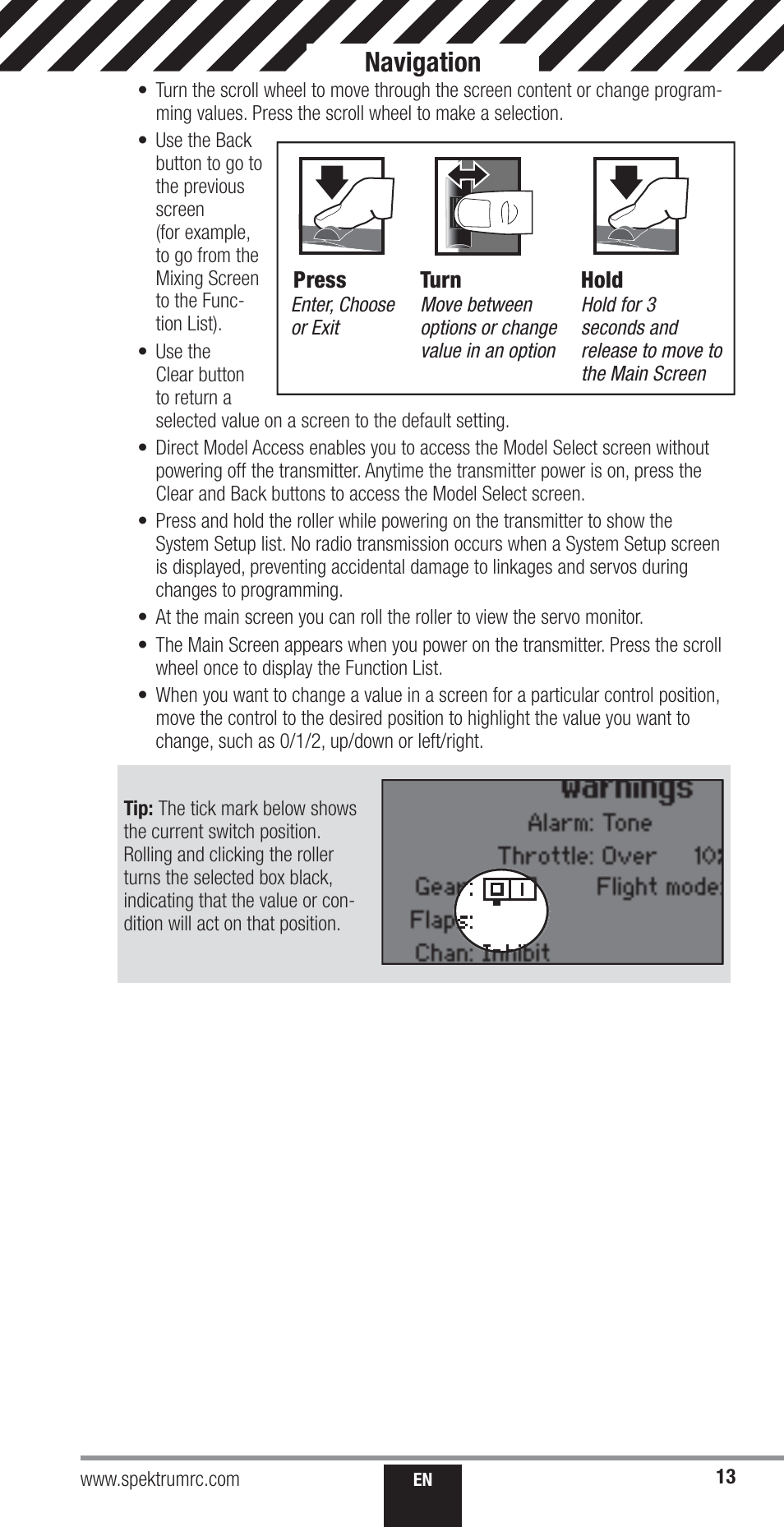 Navigation | Spektrum SPM18000 DX18QQ User Manual | Page 13 / 74
