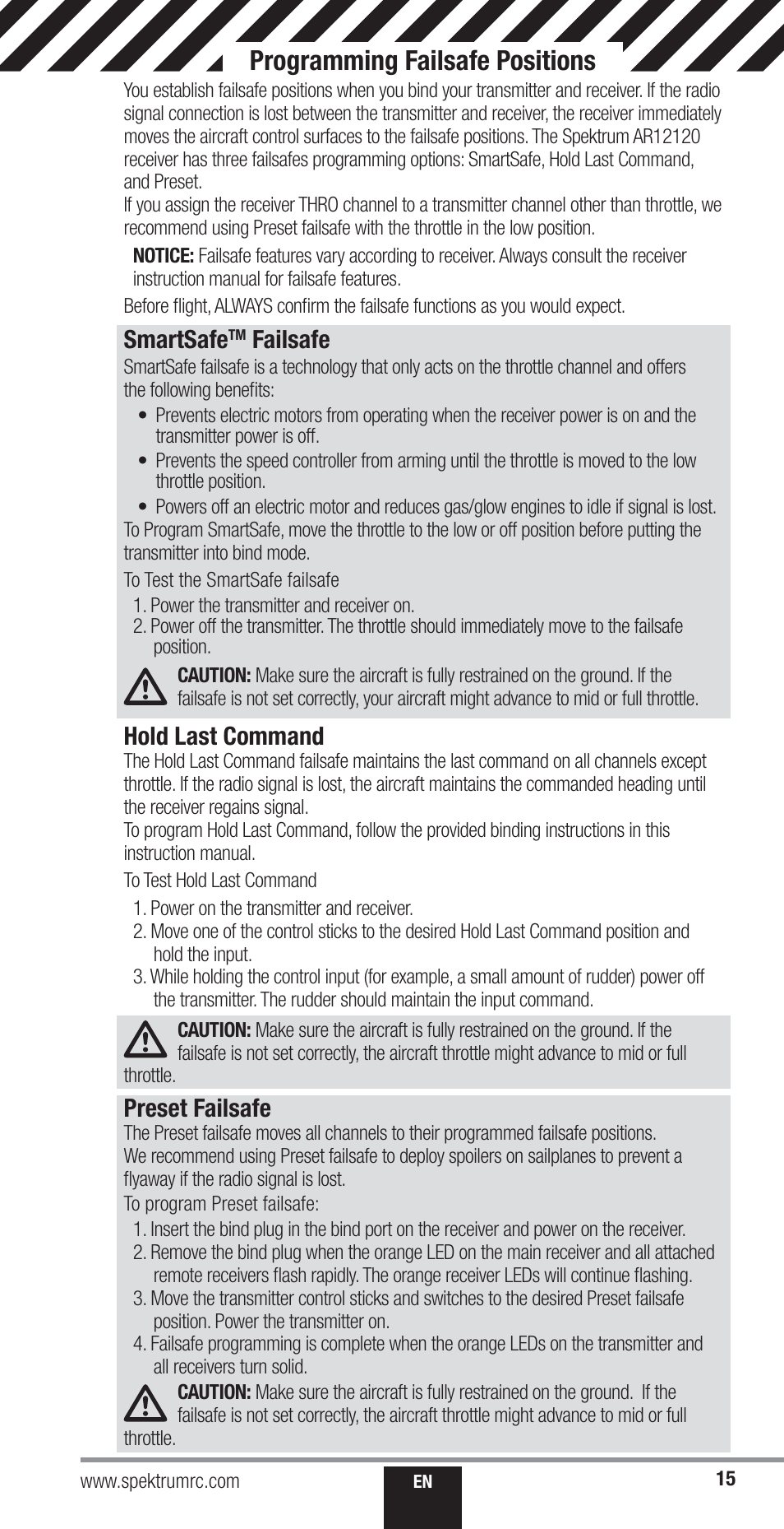 Programming failsafe positions, Smartsafe, Failsafe | Hold last command, Preset failsafe | Spektrum SPM18000 DX18QQ User Manual | Page 15 / 74