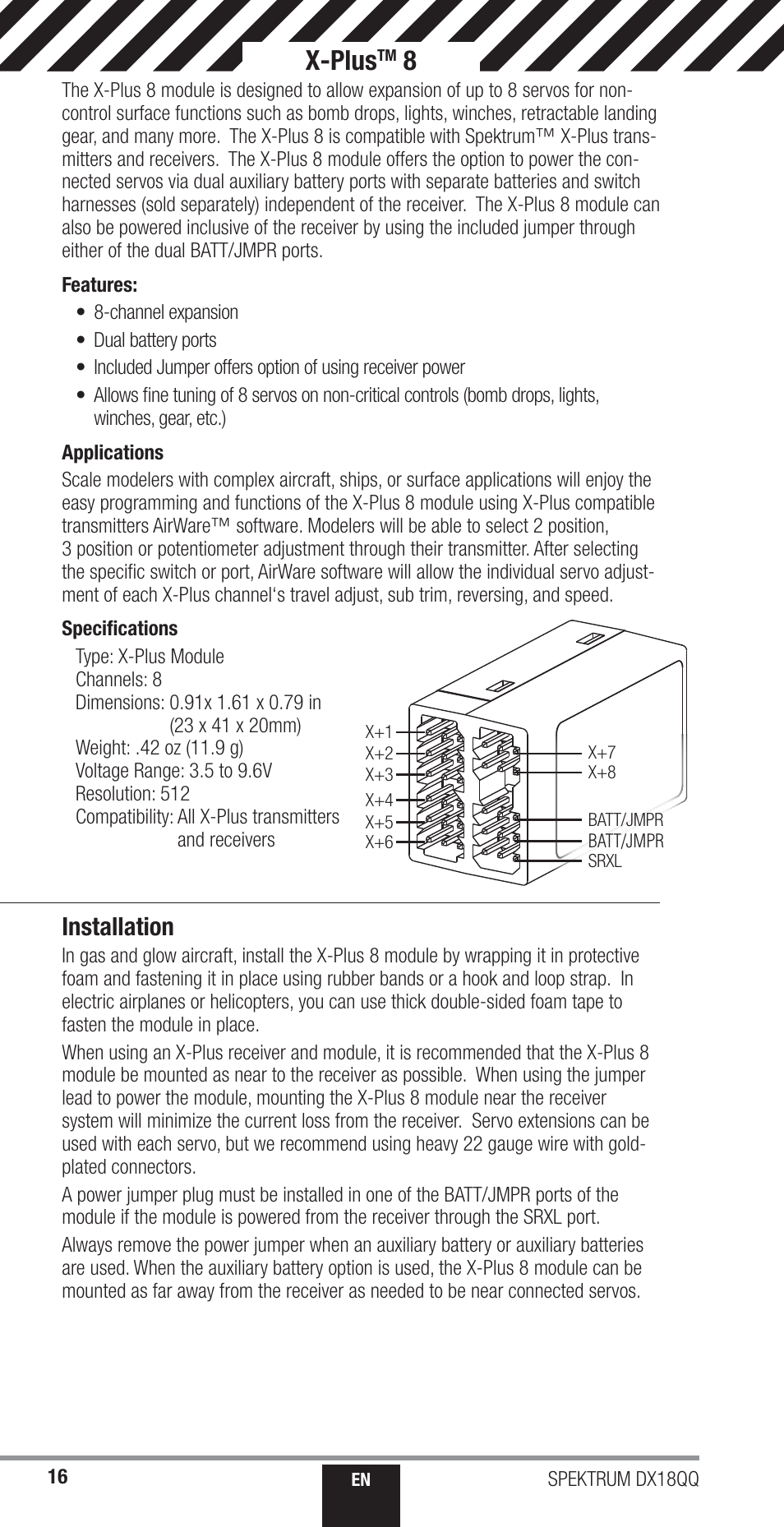 X-plus, Installation | Spektrum SPM18000 DX18QQ User Manual | Page 16 / 74