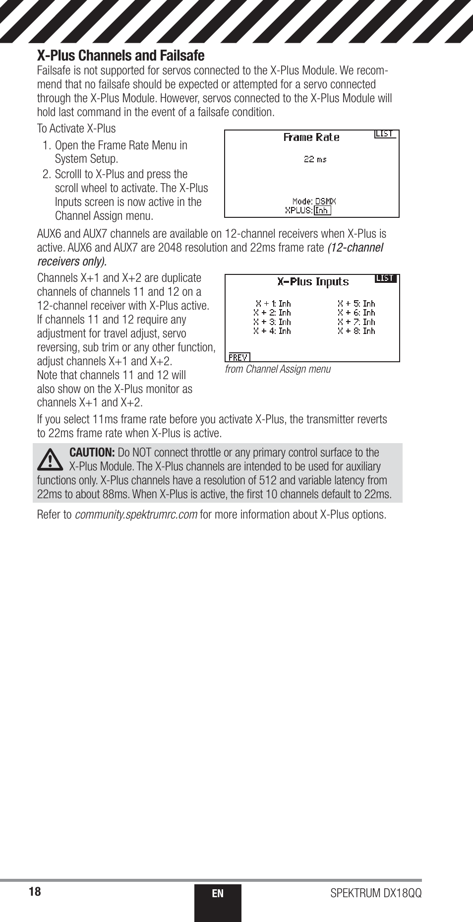 X-plus channels and failsafe | Spektrum SPM18000 DX18QQ User Manual | Page 18 / 74