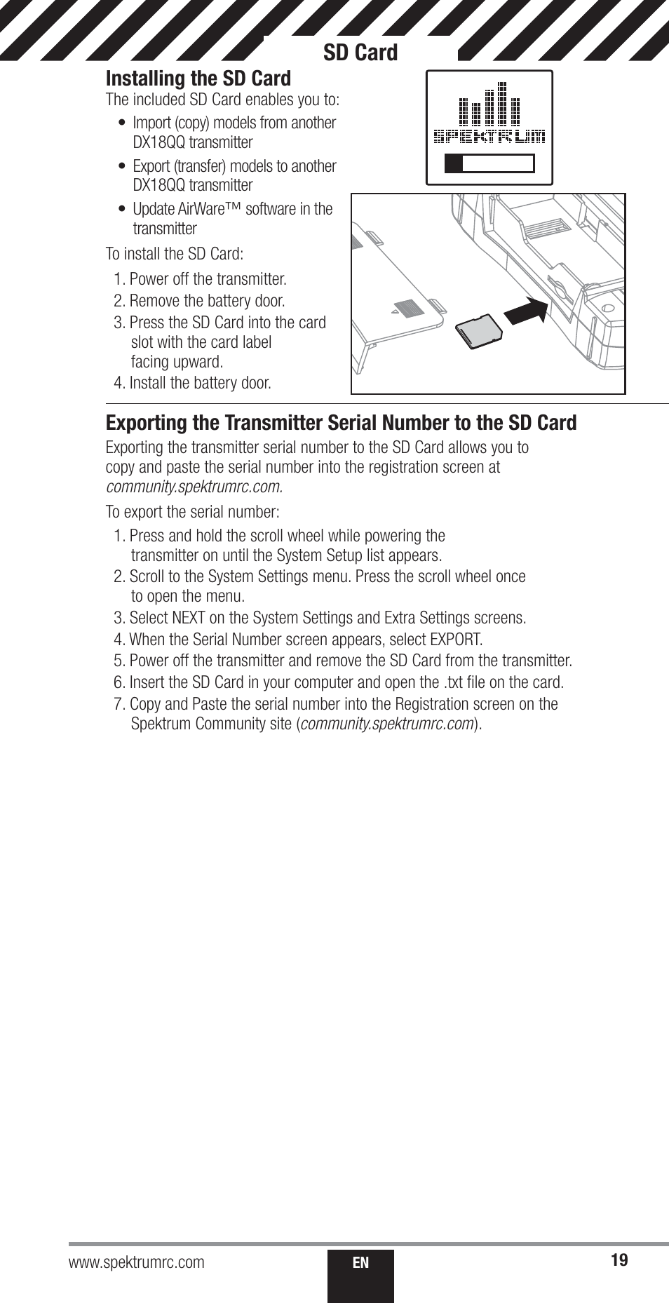 Sd card, Installing the sd card | Spektrum SPM18000 DX18QQ User Manual | Page 19 / 74