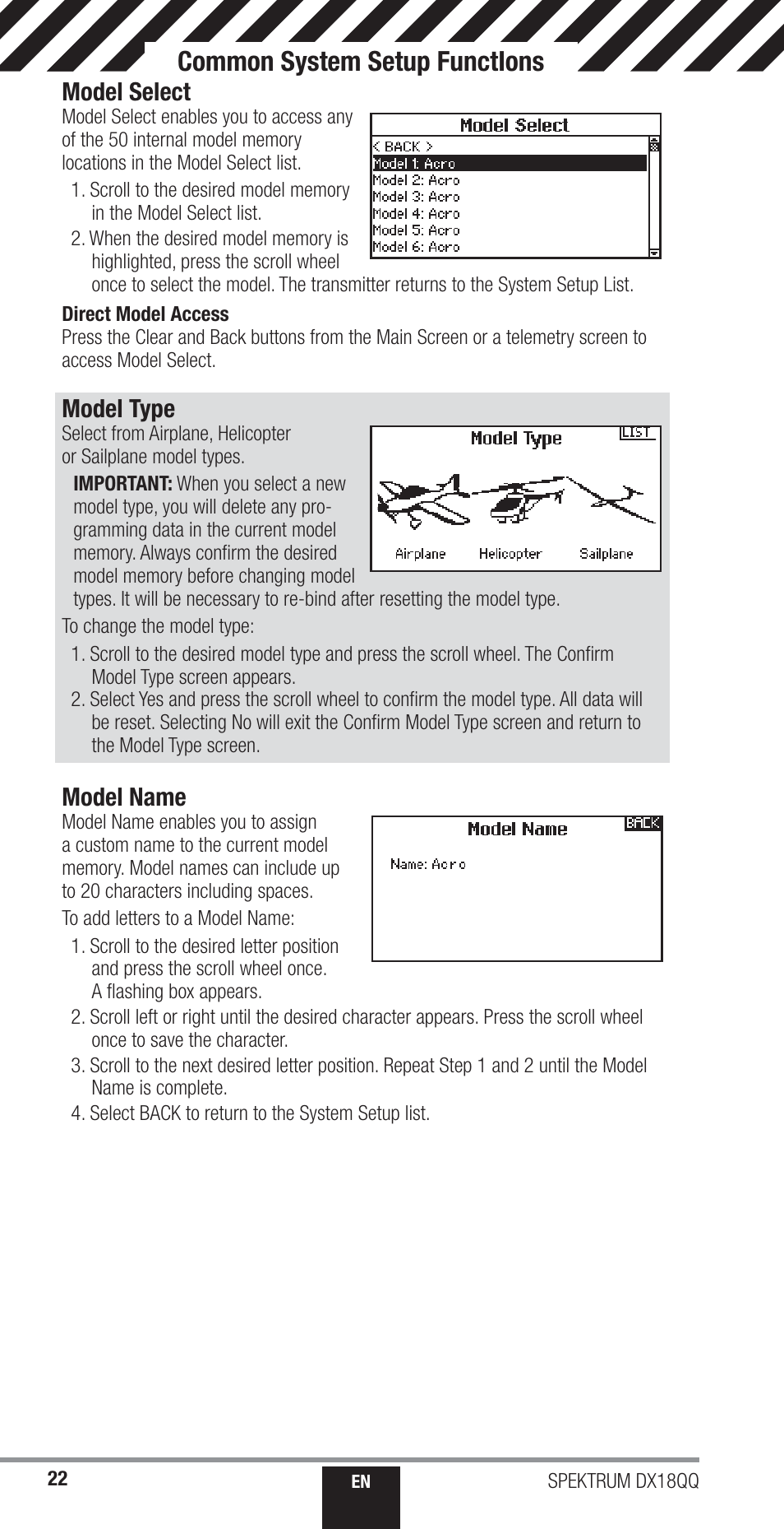 Common system setup functions, Model select, Model type | Model name | Spektrum SPM18000 DX18QQ User Manual | Page 22 / 74