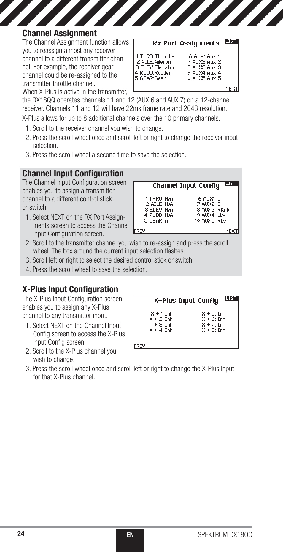 X-plus input conﬁ guration, Channel input conﬁ guration, Channel assignment | Spektrum SPM18000 DX18QQ User Manual | Page 24 / 74