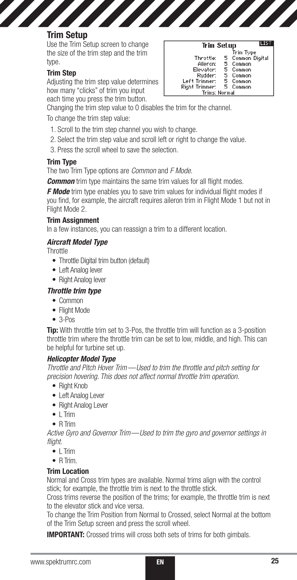 Trim setup | Spektrum SPM18000 DX18QQ User Manual | Page 25 / 74