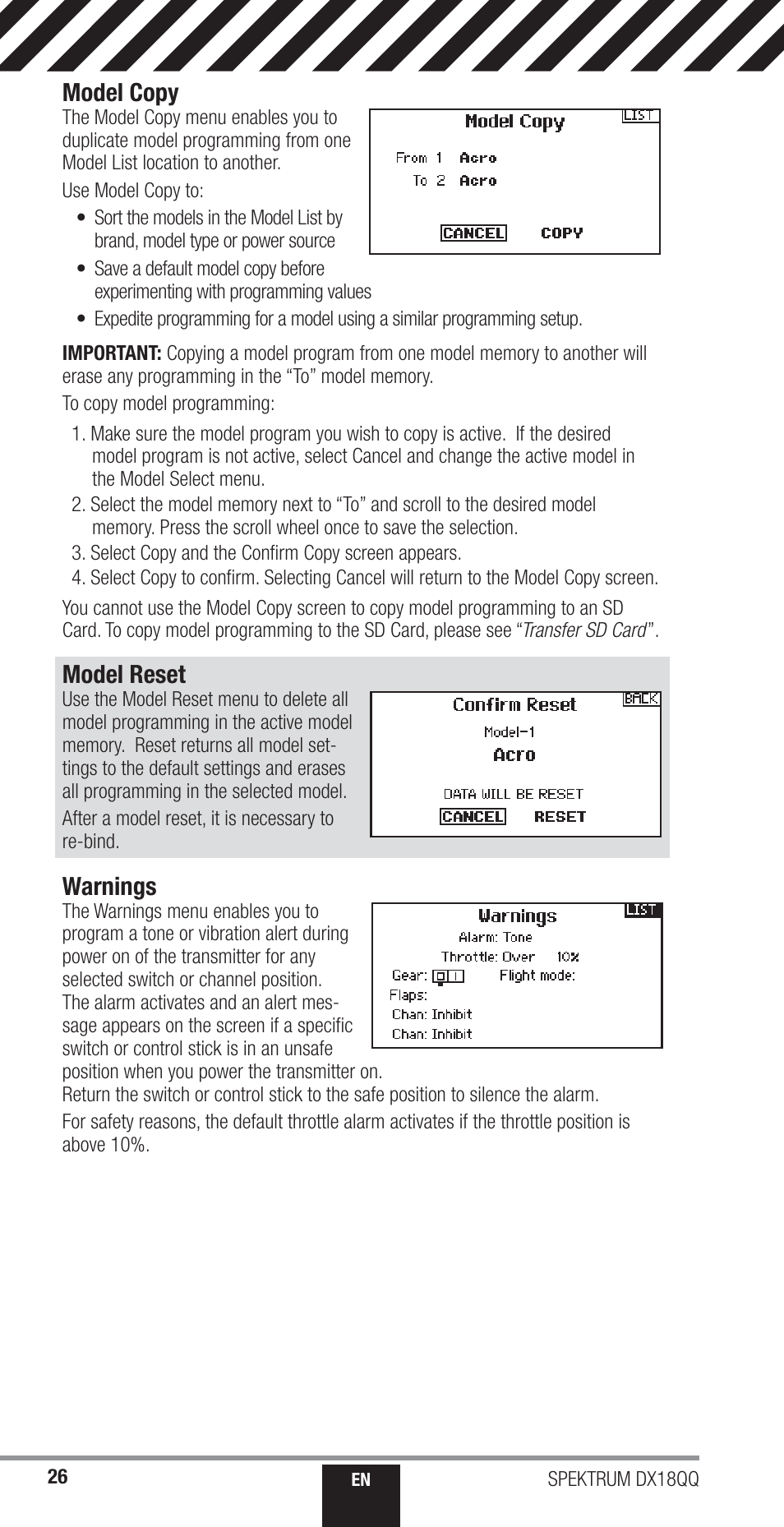 Warnings, Model reset, Model copy | Spektrum SPM18000 DX18QQ User Manual | Page 26 / 74