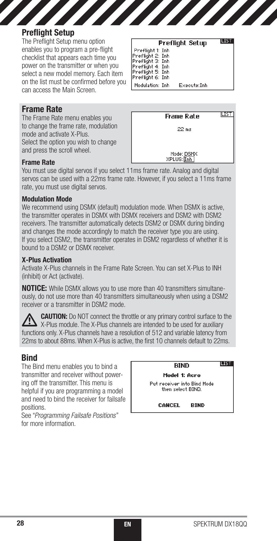 Frame rate, Bind, Preﬂ ight setup | Spektrum SPM18000 DX18QQ User Manual | Page 28 / 74