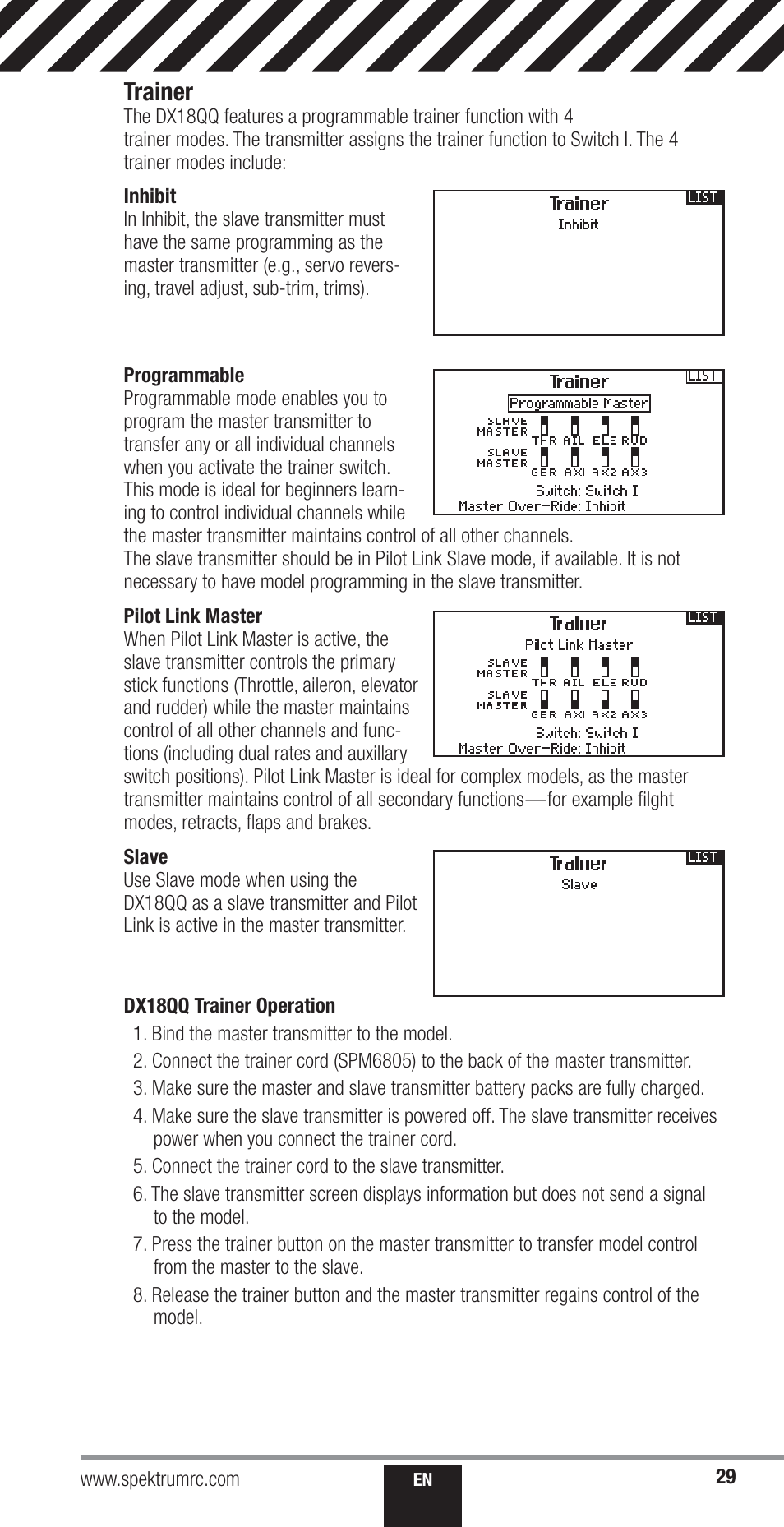 Trainer | Spektrum SPM18000 DX18QQ User Manual | Page 29 / 74