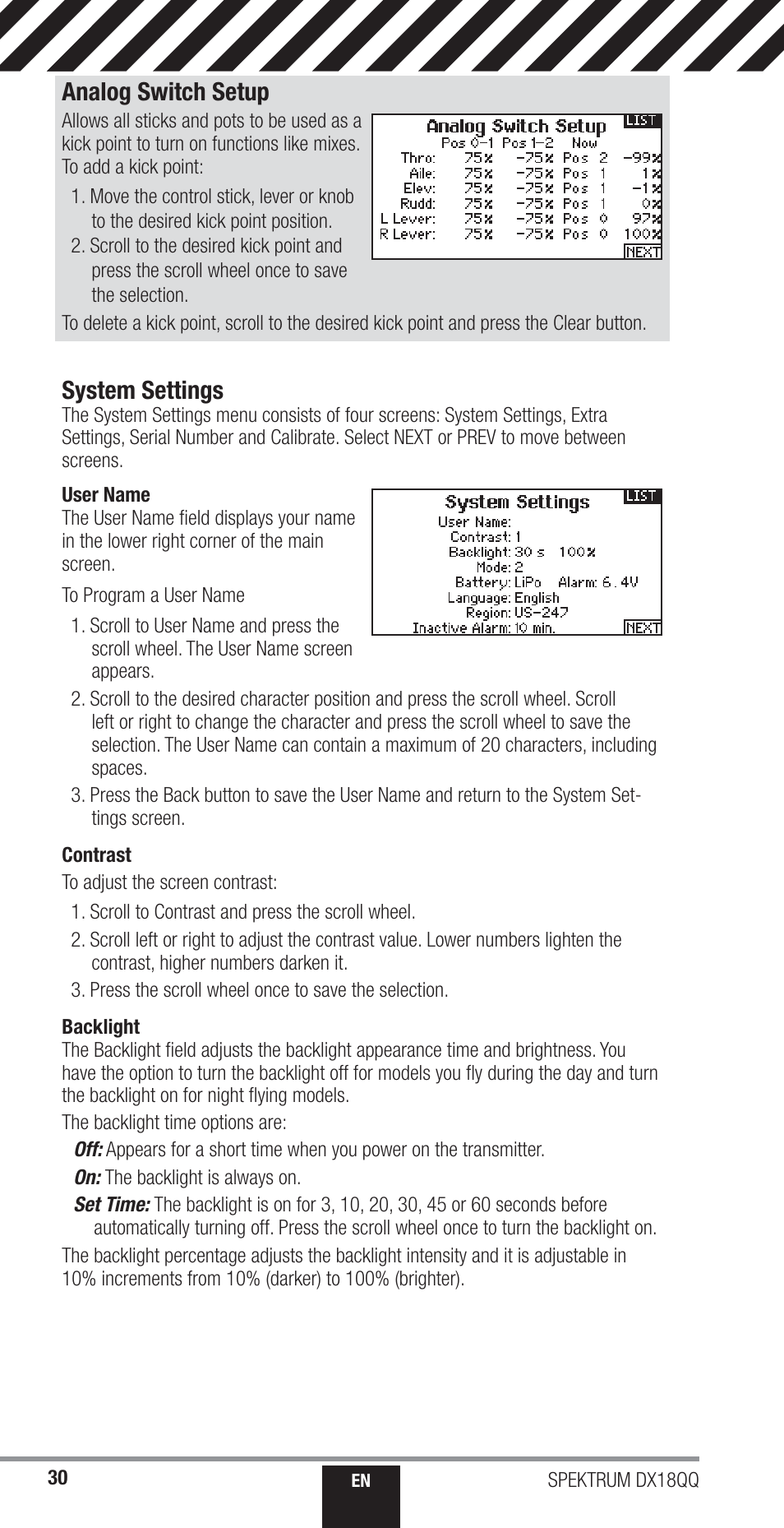 System settings, Analog switch setup | Spektrum SPM18000 DX18QQ User Manual | Page 30 / 74