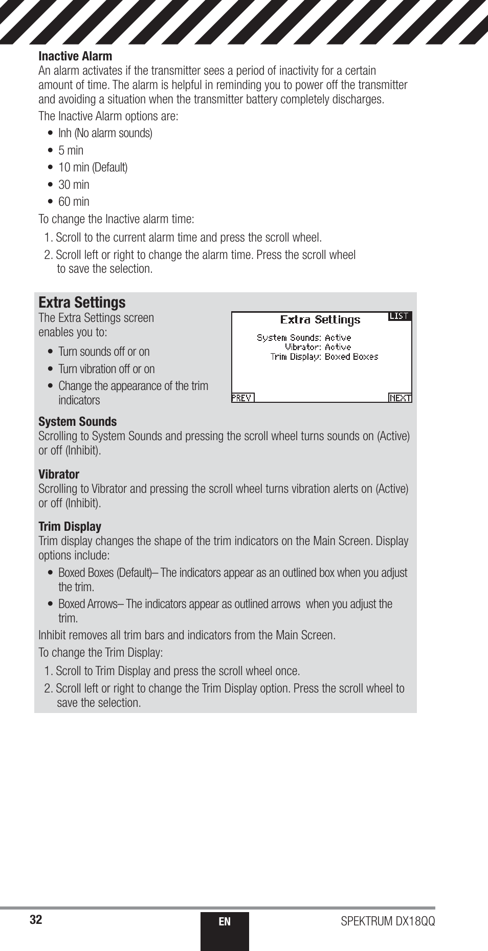 Extra settings | Spektrum SPM18000 DX18QQ User Manual | Page 32 / 74