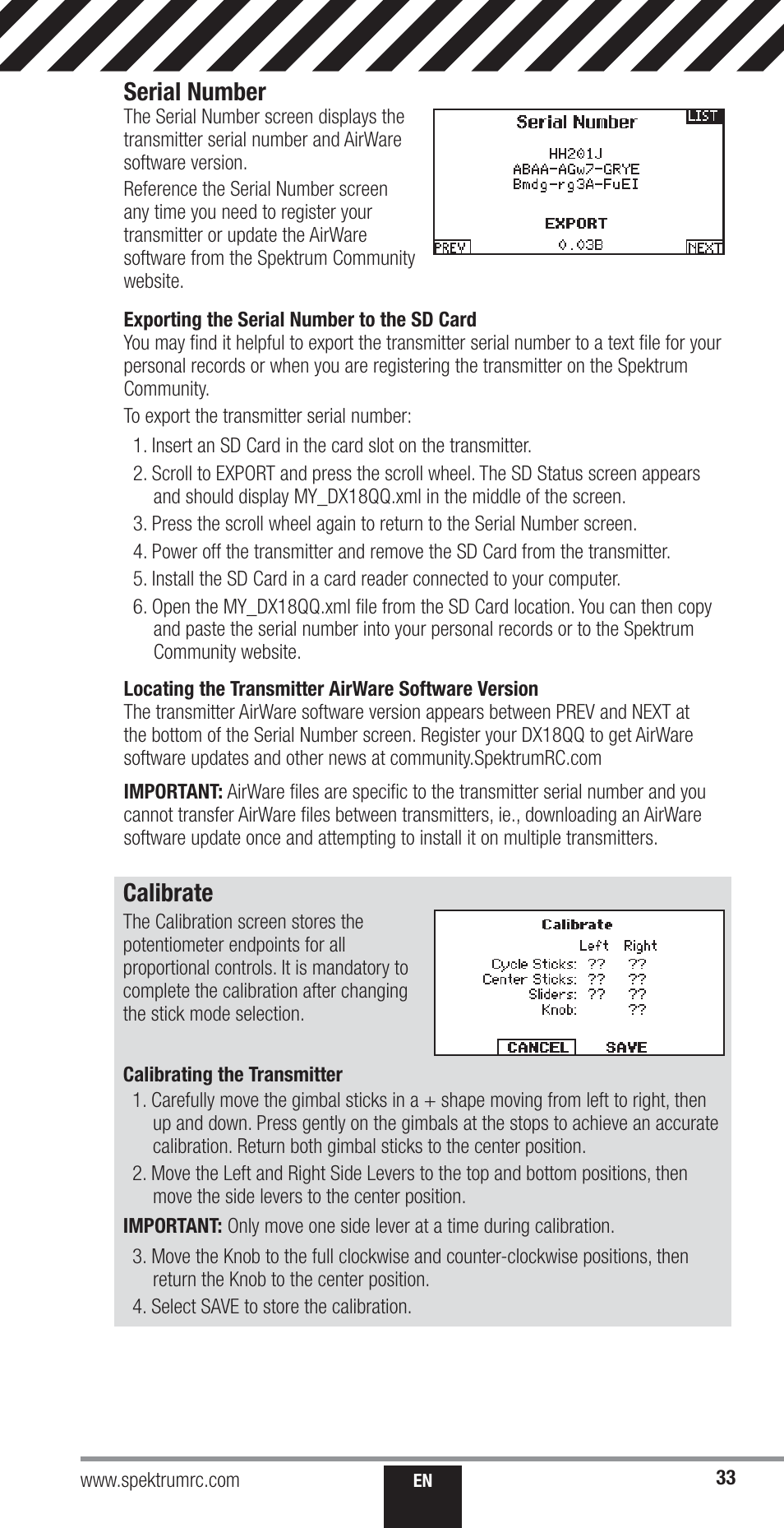 Serial number, Calibrate | Spektrum SPM18000 DX18QQ User Manual | Page 33 / 74