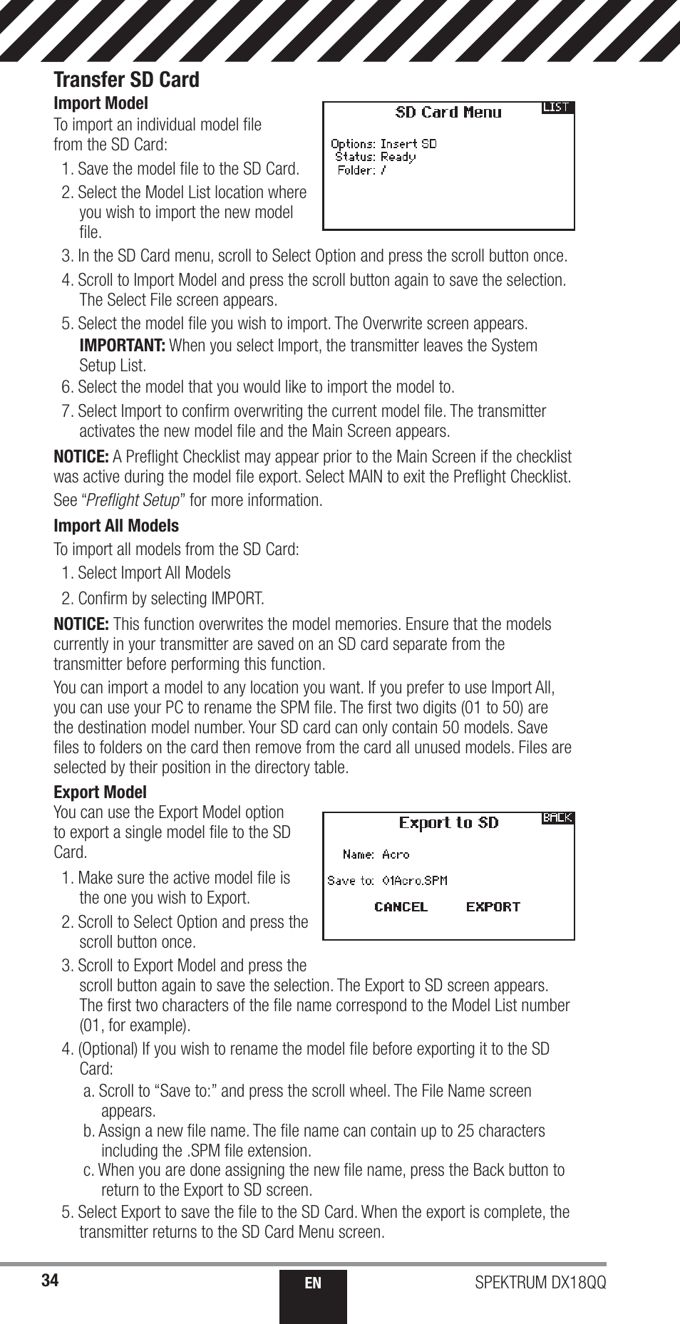 Transfer sd card | Spektrum SPM18000 DX18QQ User Manual | Page 34 / 74