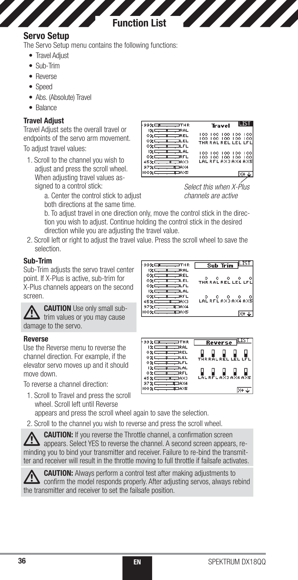 Function list, Servo setup | Spektrum SPM18000 DX18QQ User Manual | Page 36 / 74