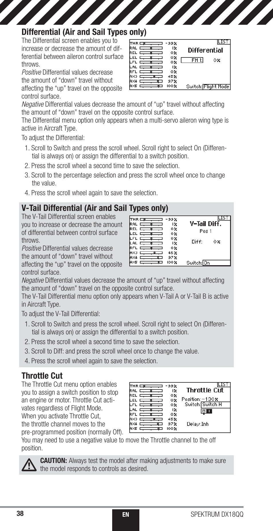 Throttle cut, V-tail differential (air and sail types only), Differential (air and sail types only) | Spektrum SPM18000 DX18QQ User Manual | Page 38 / 74