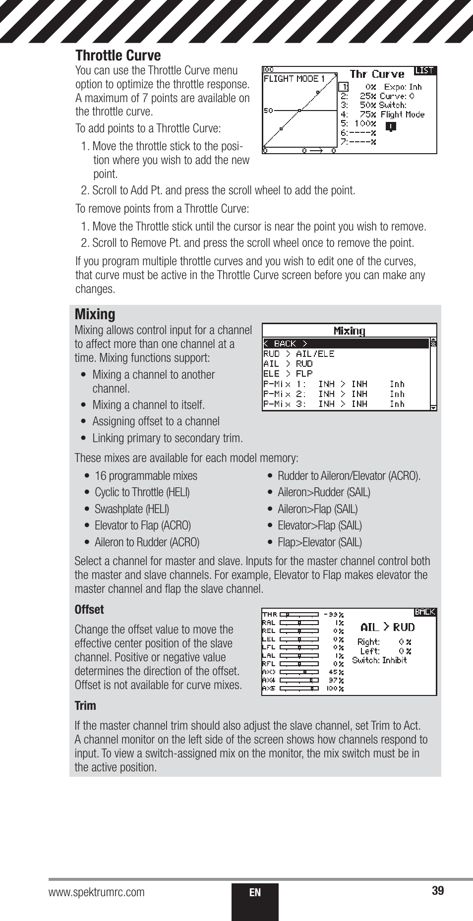 Throttle curve, Mixing | Spektrum SPM18000 DX18QQ User Manual | Page 39 / 74