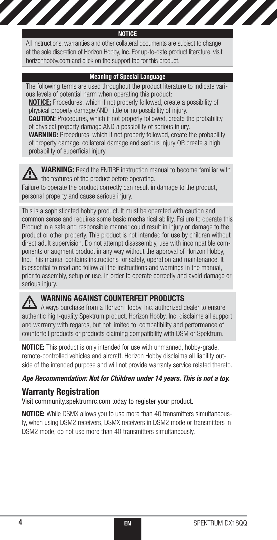 Warranty registration | Spektrum SPM18000 DX18QQ User Manual | Page 4 / 74