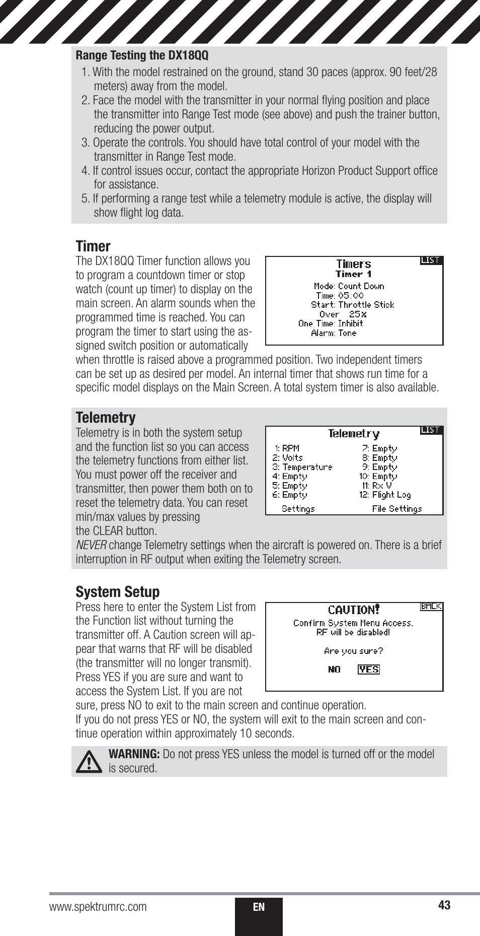 Timer, Telemetry, System setup | Spektrum SPM18000 DX18QQ User Manual | Page 43 / 74