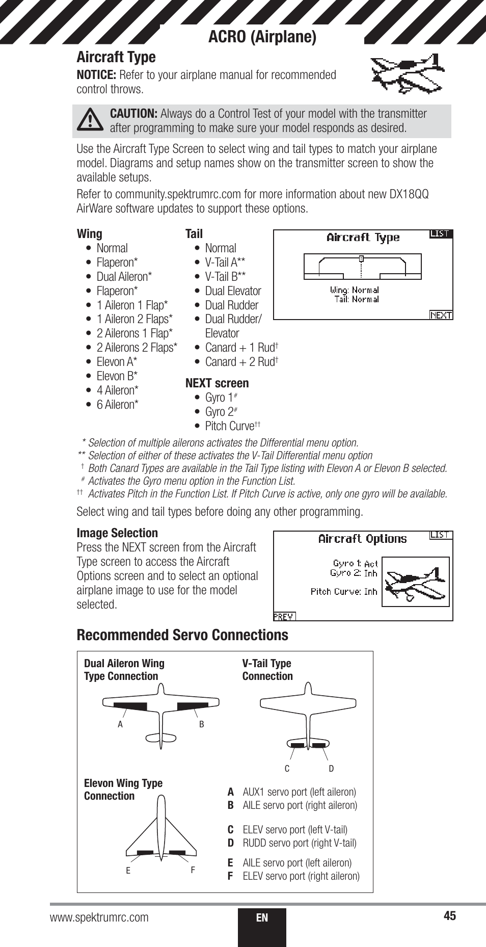 Acro (airplane), Aircraft type, Recommended servo connections | Spektrum SPM18000 DX18QQ User Manual | Page 45 / 74
