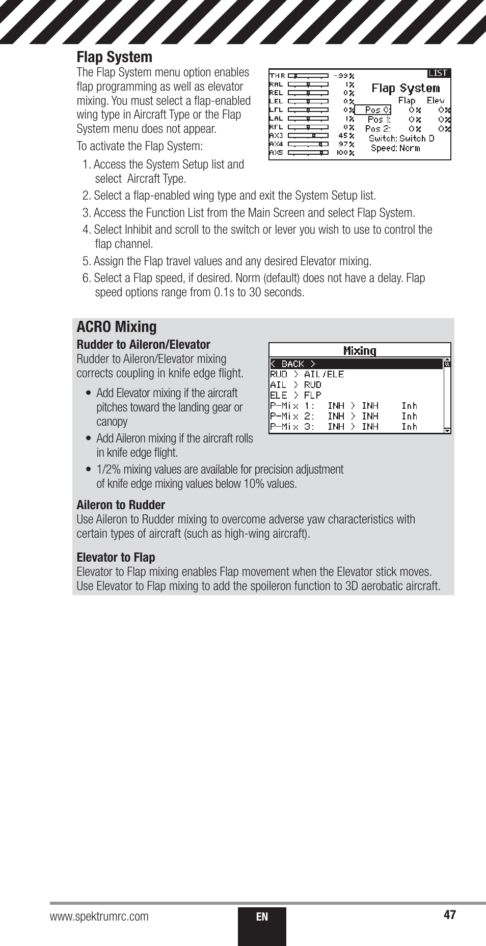 Flap system, Acro mixing | Spektrum SPM18000 DX18QQ User Manual | Page 47 / 74