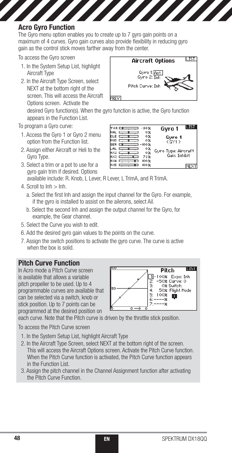 Acro gyro function, Pitch curve function | Spektrum SPM18000 DX18QQ User Manual | Page 48 / 74