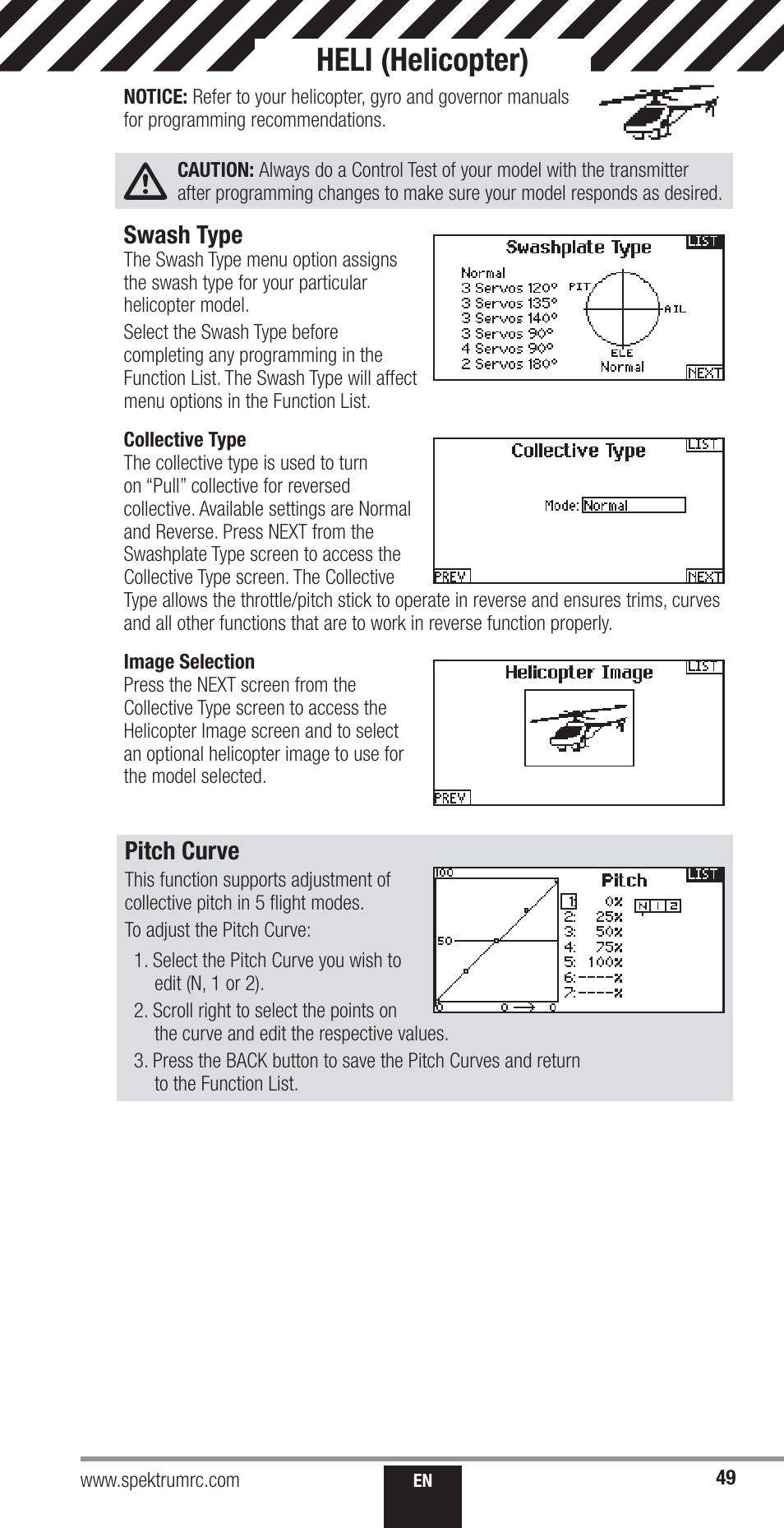 Heli (helicopter), Swash type, Pitch curve | Spektrum SPM18000 DX18QQ User Manual | Page 49 / 74