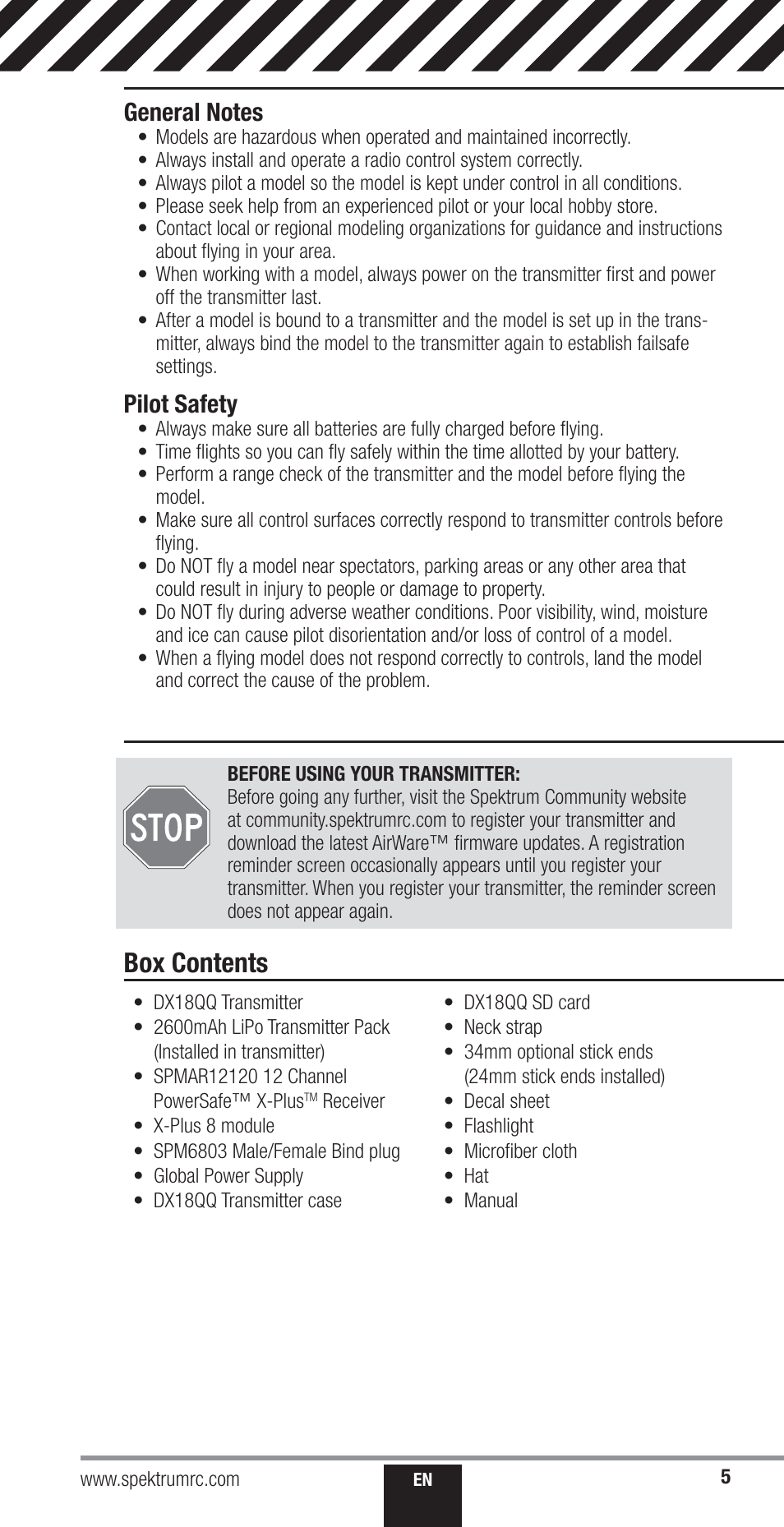 Box contents, Pilot safety | Spektrum SPM18000 DX18QQ User Manual | Page 5 / 74