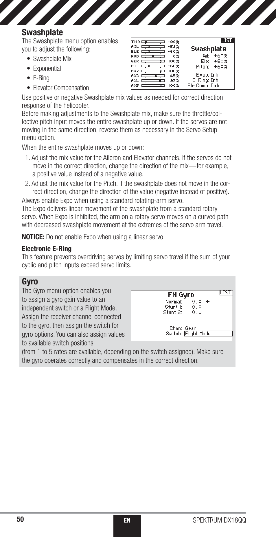 Swashplate, Gyro | Spektrum SPM18000 DX18QQ User Manual | Page 50 / 74