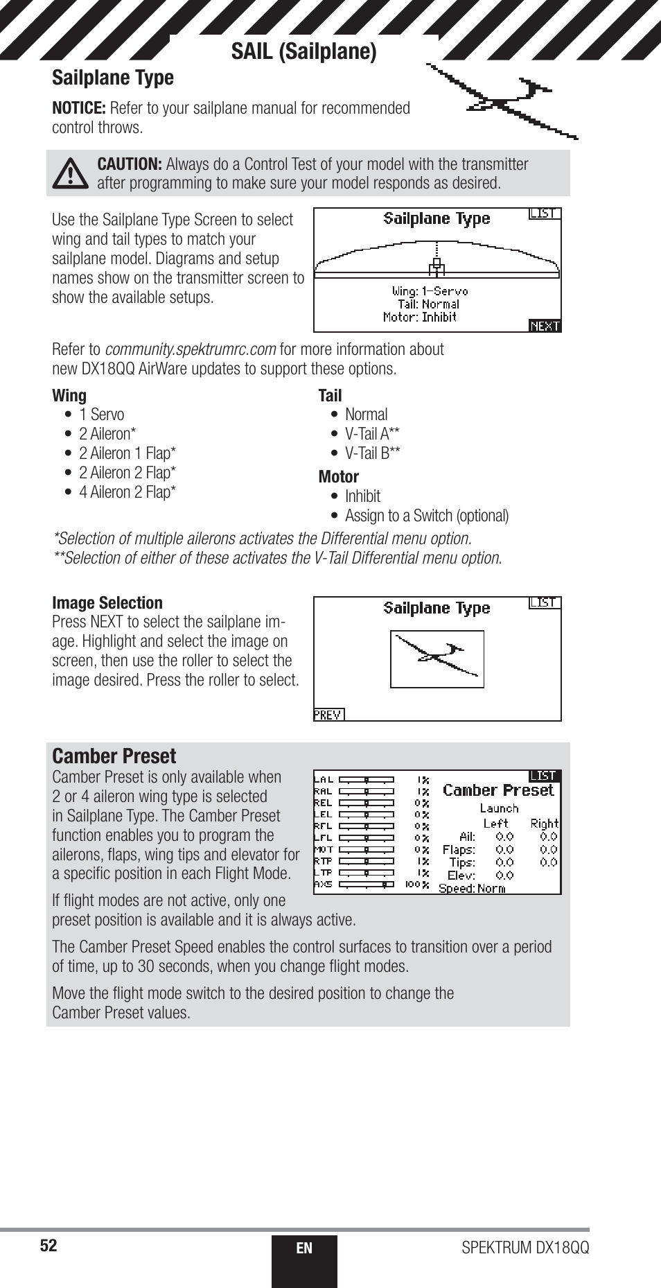 Sail (sailplane), Sailplane type, Camber preset | Spektrum SPM18000 DX18QQ User Manual | Page 52 / 74