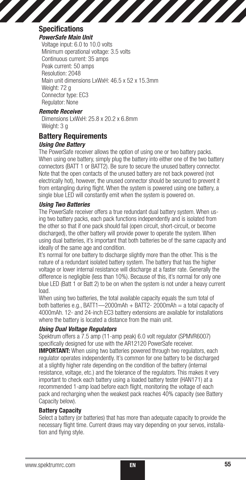 Speciﬁ cations, Battery requirements | Spektrum SPM18000 DX18QQ User Manual | Page 55 / 74